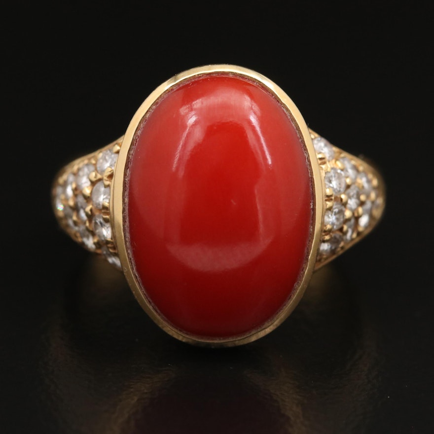 18K Coral and Diamond Ring