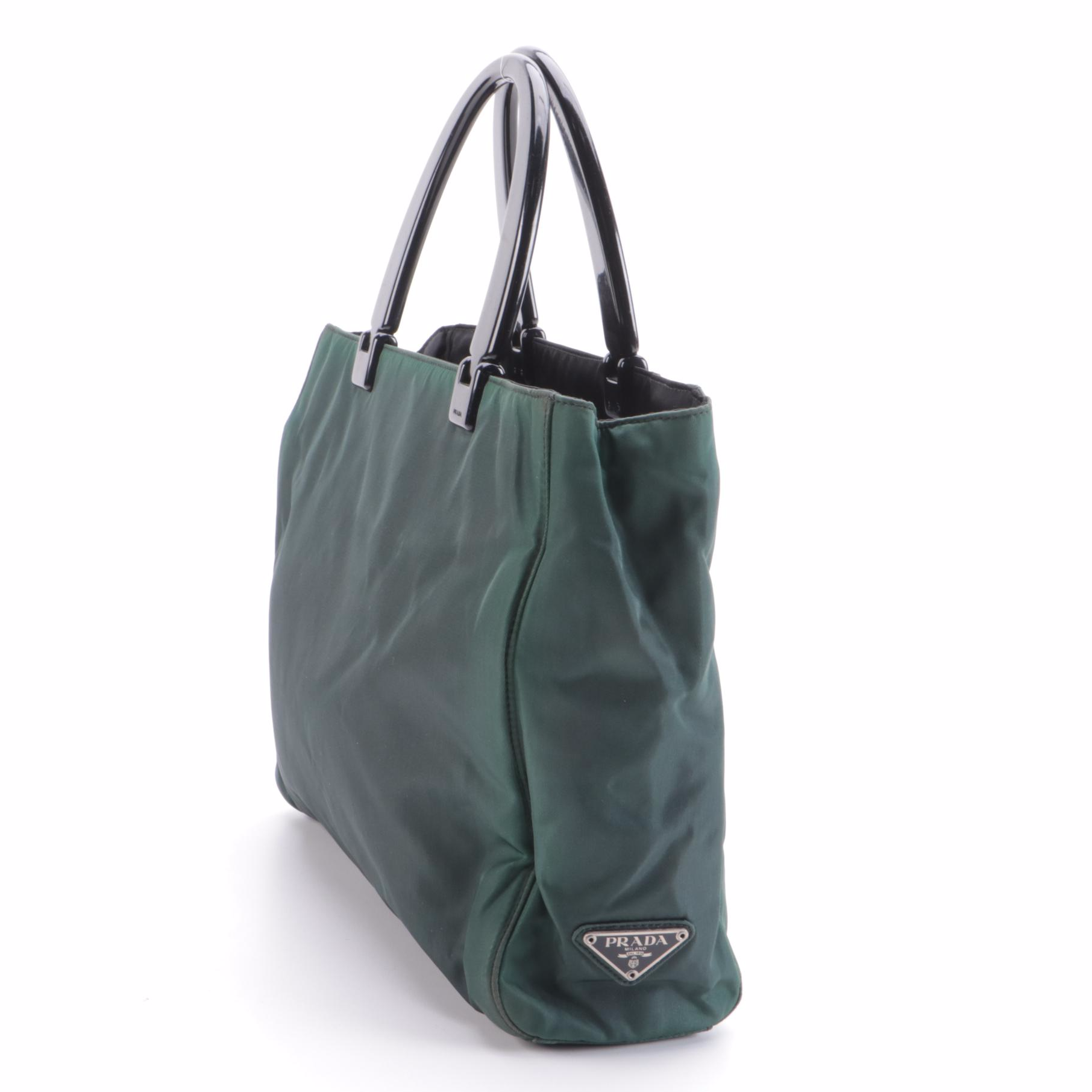 Prada Nylon Hard Handle Tote Bag in Dark Green and Black