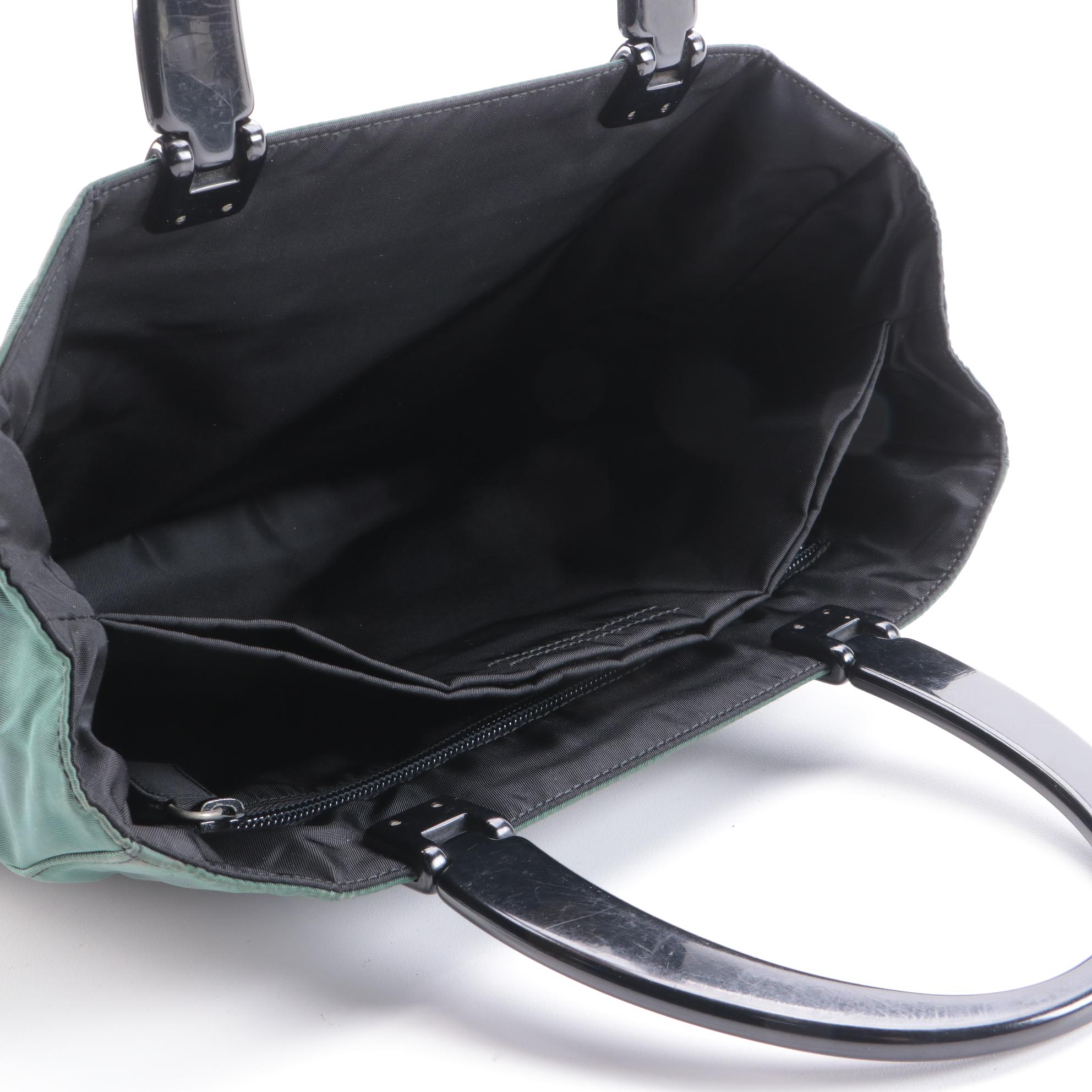 Prada Nylon Hard Handle Tote Bag in Dark Green and Black