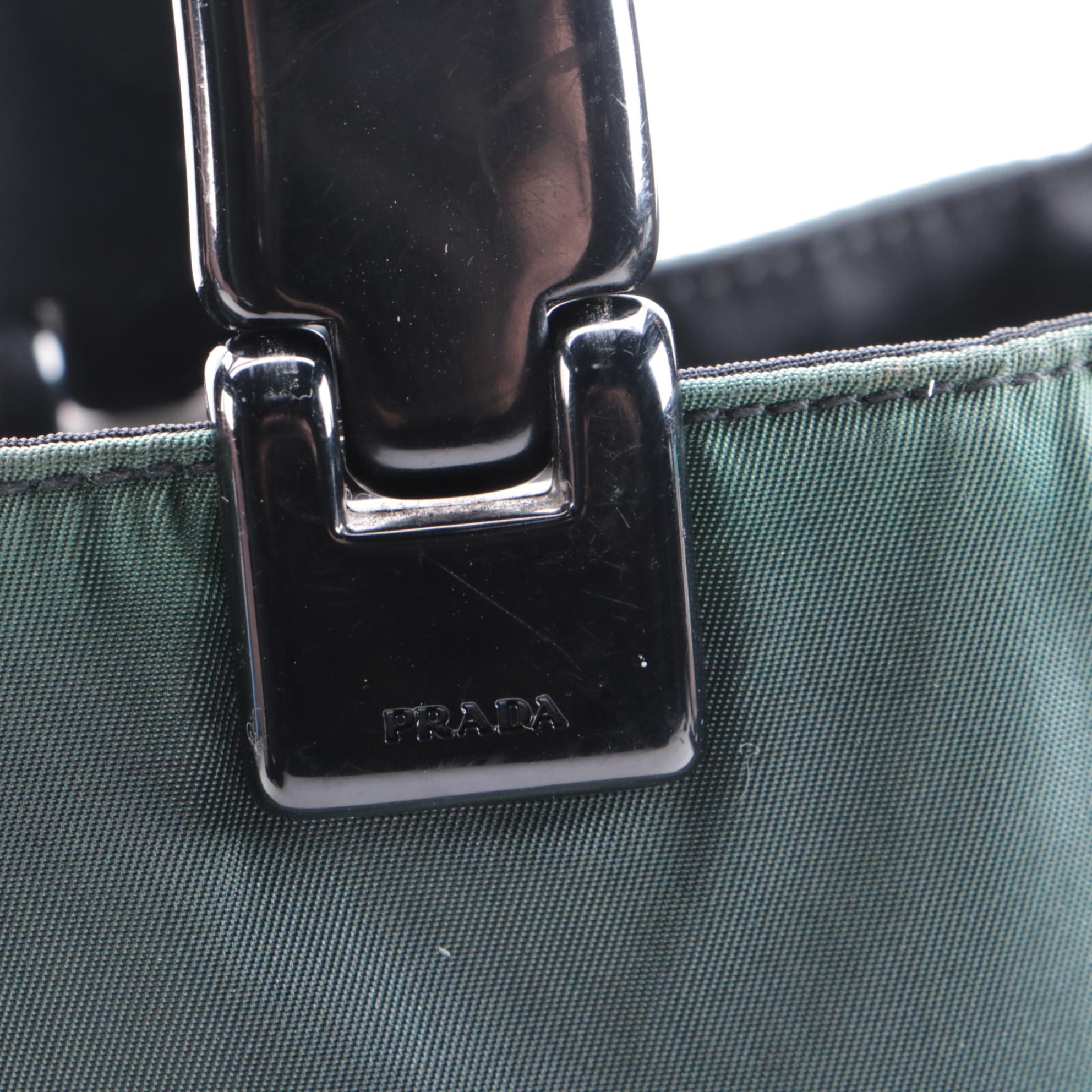 Prada Nylon Hard Handle Tote Bag in Dark Green and Black