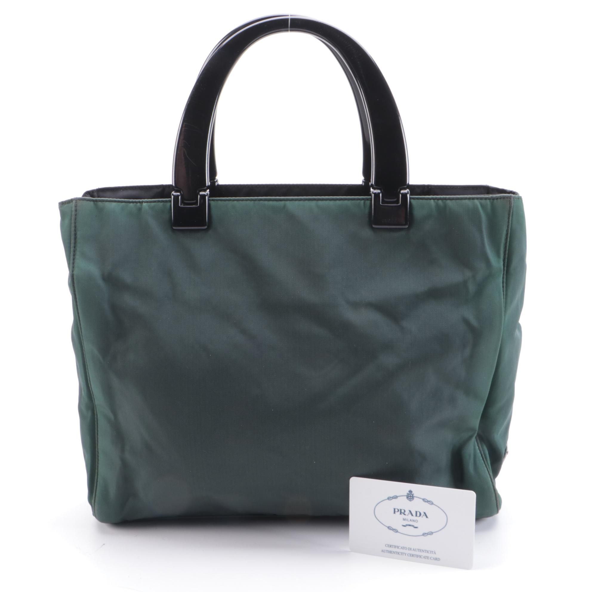 Prada Nylon Hard Handle Tote Bag in Dark Green and Black
