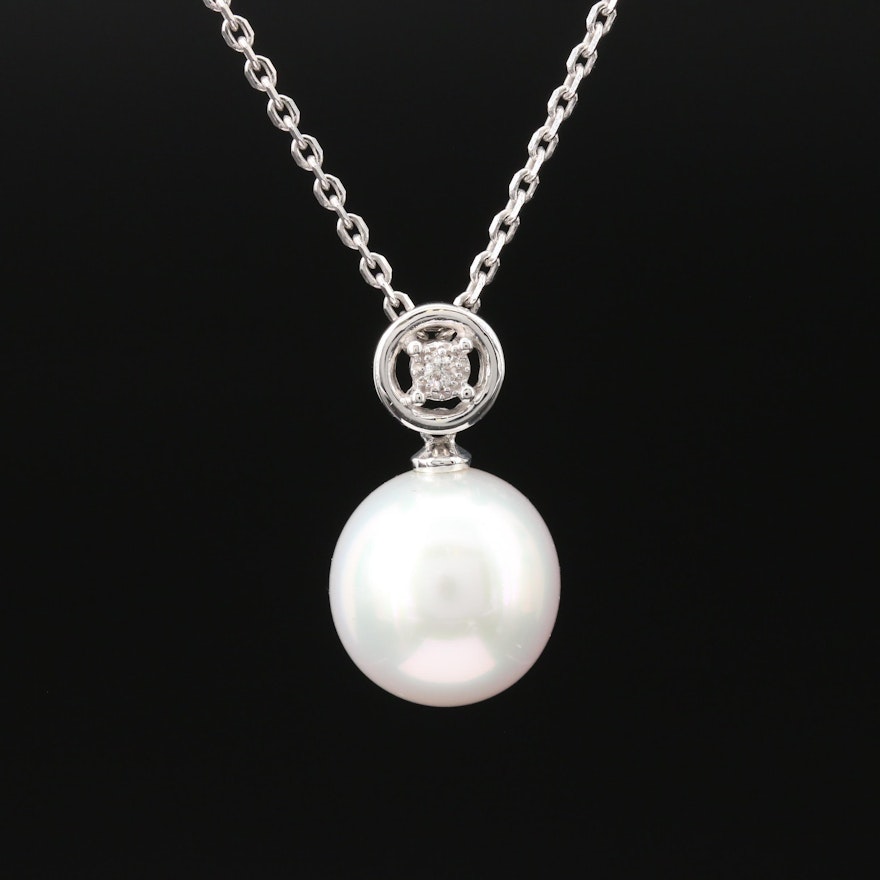 14K Pearl Pendant Necklace with Diamond Accent