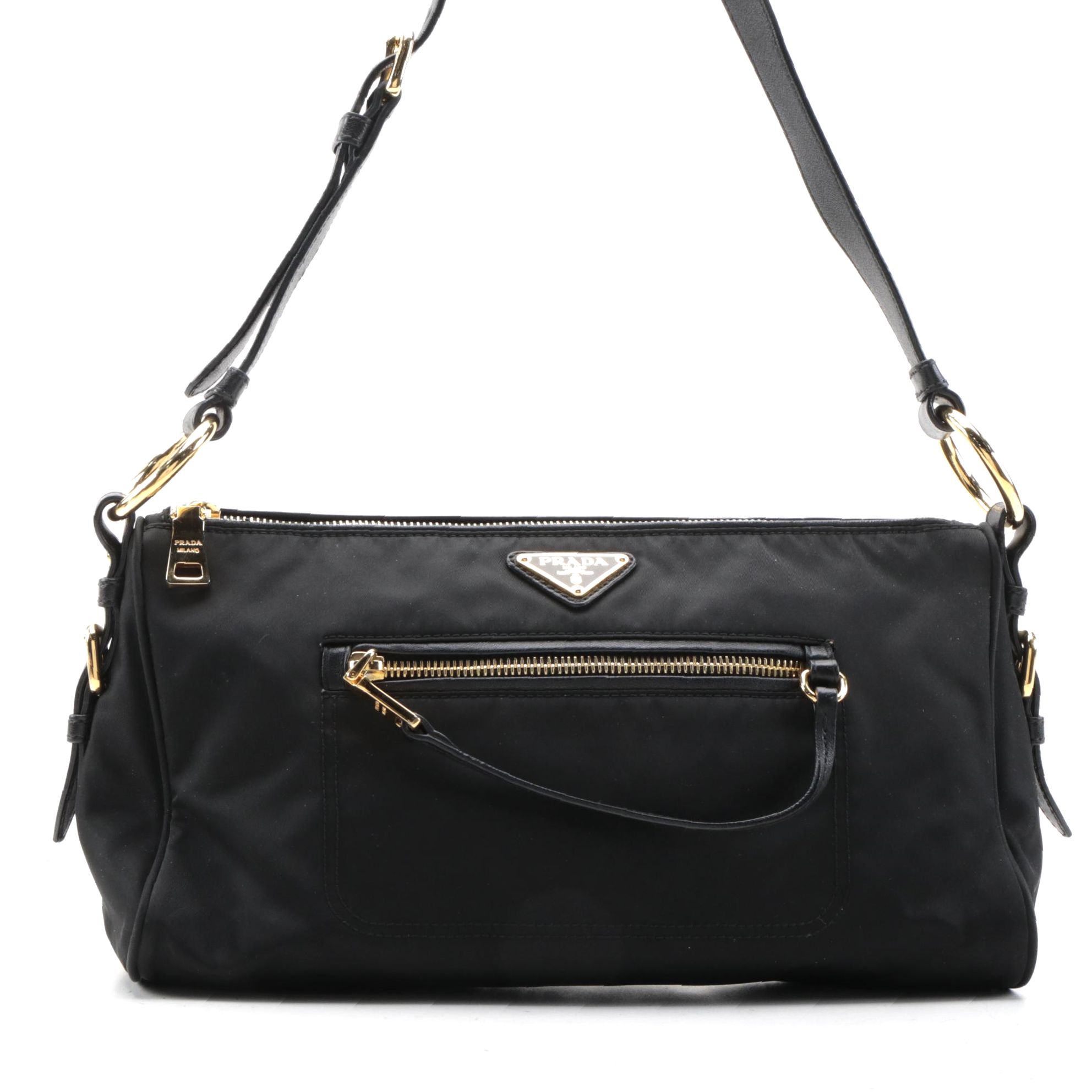 Prada Front Zip Shoulder Bag in Black Tessuto Nylon and Leather
