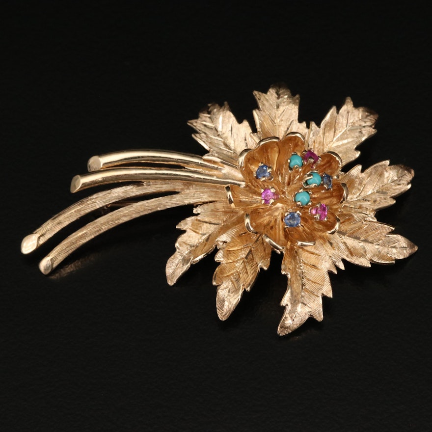 14K Sapphire and Turquoise Flower Brooch