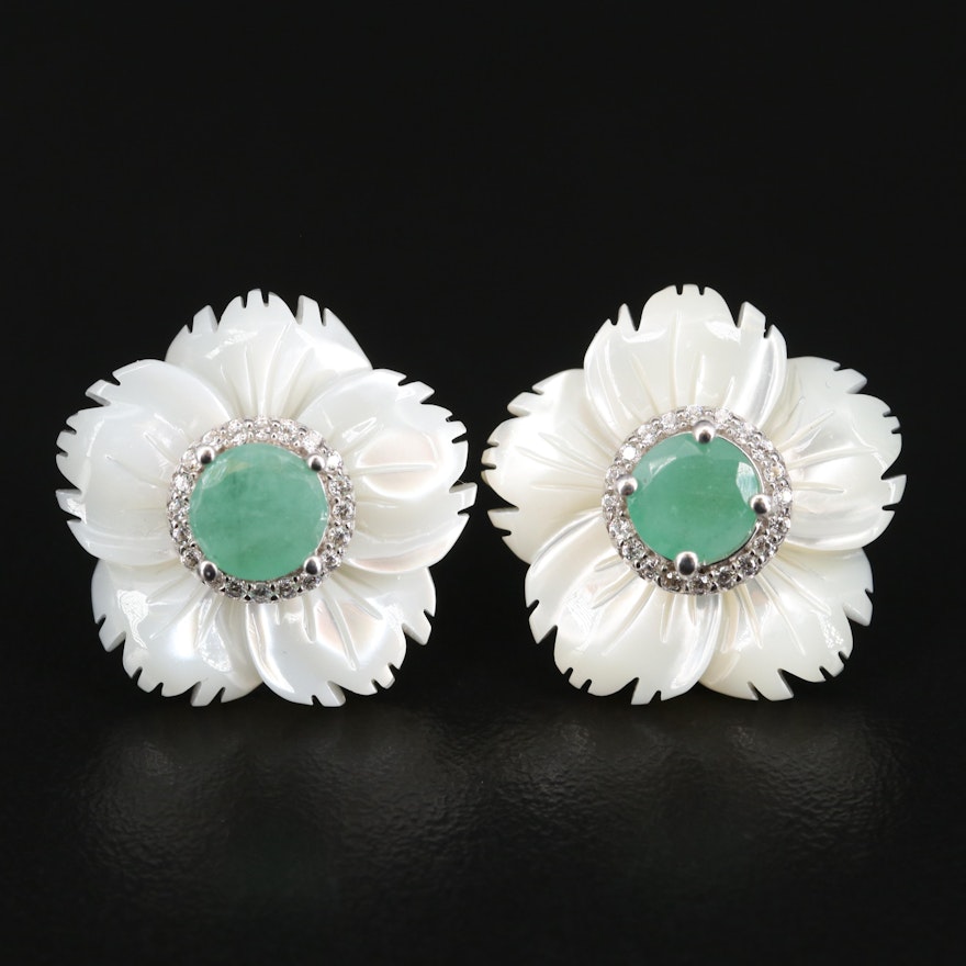 Sterling Emerald, Mother of Pearl and Cubic Zirconia Flower Earrings