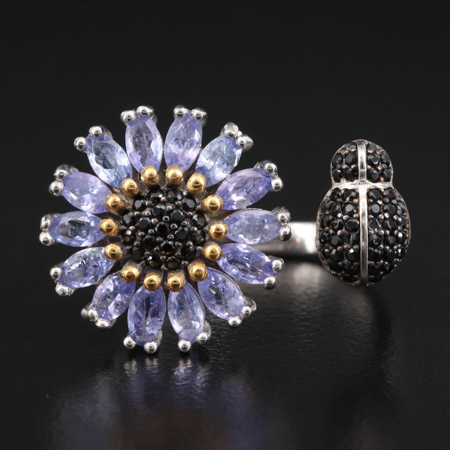 Sterling Silver Tanzanite and Spinel Flora and Fauna Torque Ring