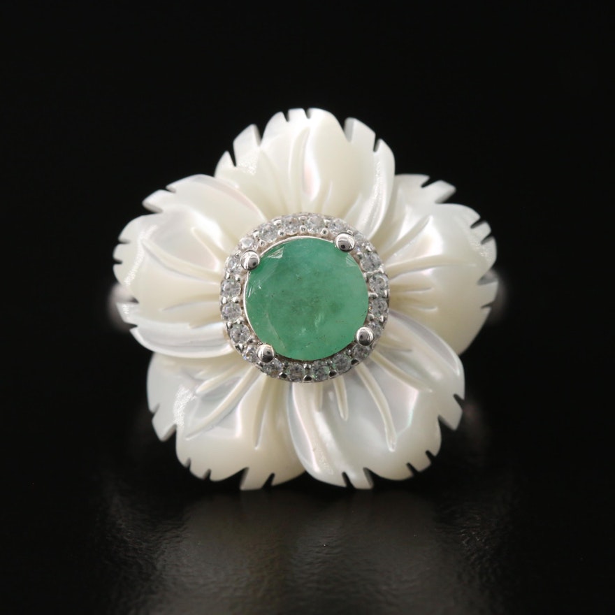Sterling Silver Emerald, Mother of Pearl and Cubic Zirconia Flower Ring