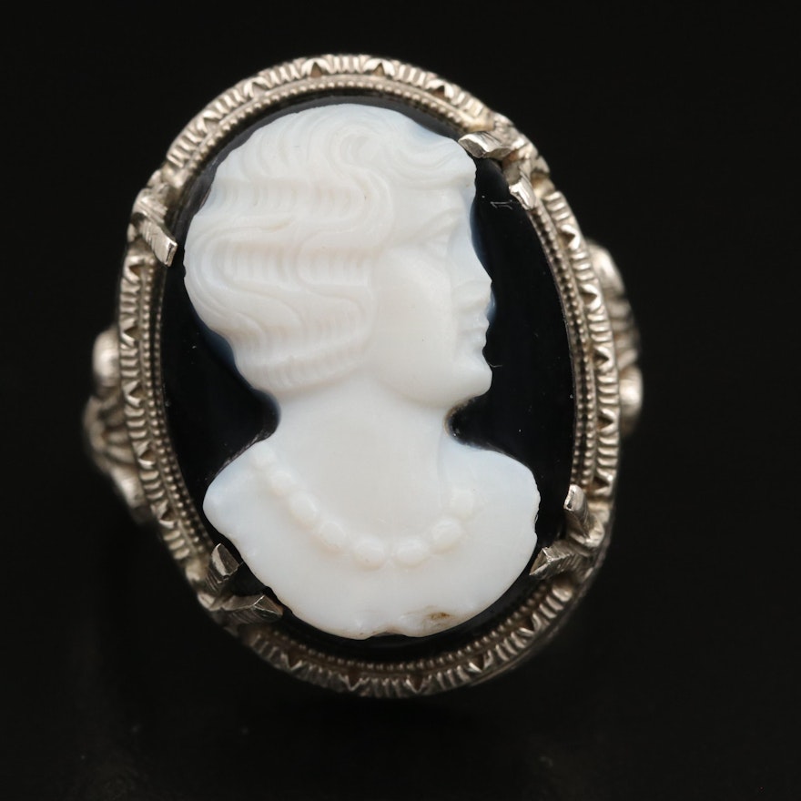 Late Art Deco 14K Onyx Openwork Cameo Ring