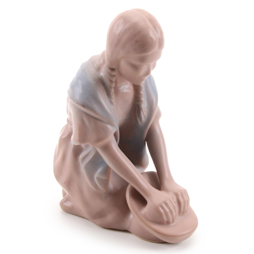 Van Briggle Ceramic Indigenous Girl Grinding Corn Figurine