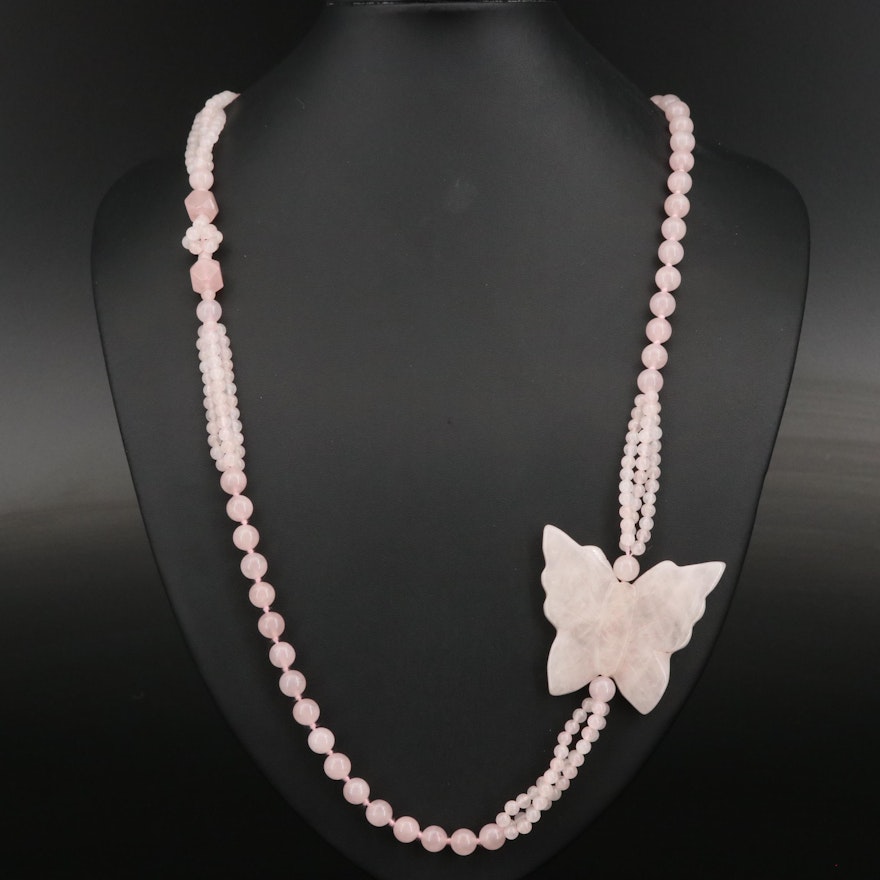 Rose Quartz Asymmetrical Butterfly Beaded Necklace
