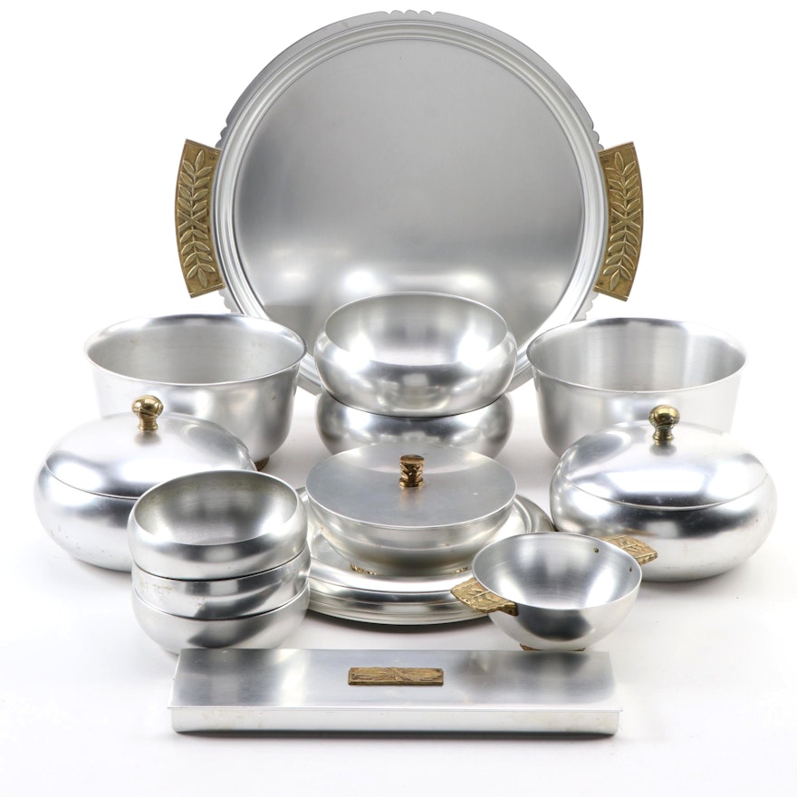 Kensington Aluminum and Brass Tray with Divided Box and Serving Bowls