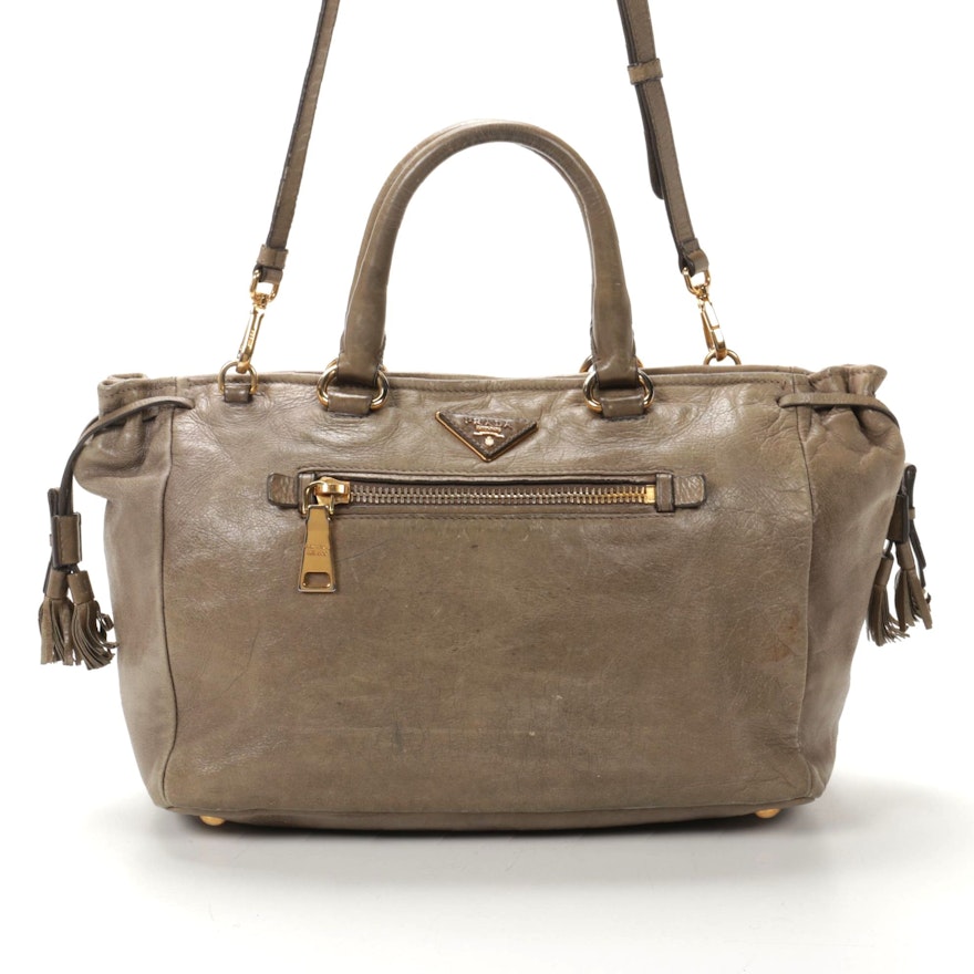 Prada Two-Way Satchel in Taupe Leather with Tassels