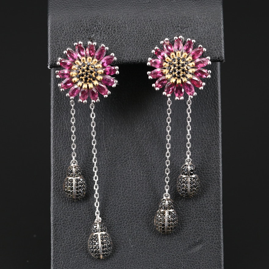 Flower and Ladybug Earrings with Rhodolite Garnet and Spinel