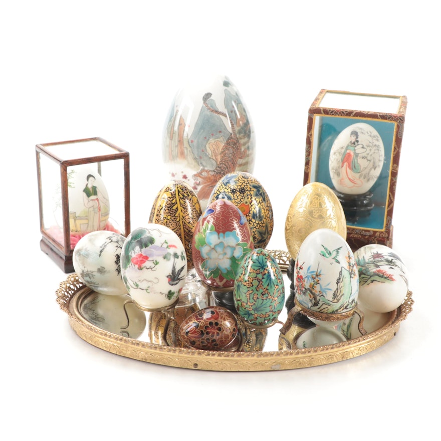 Chinese Decorative Eggs with Display Cases, Stands, and Mirrored Tray