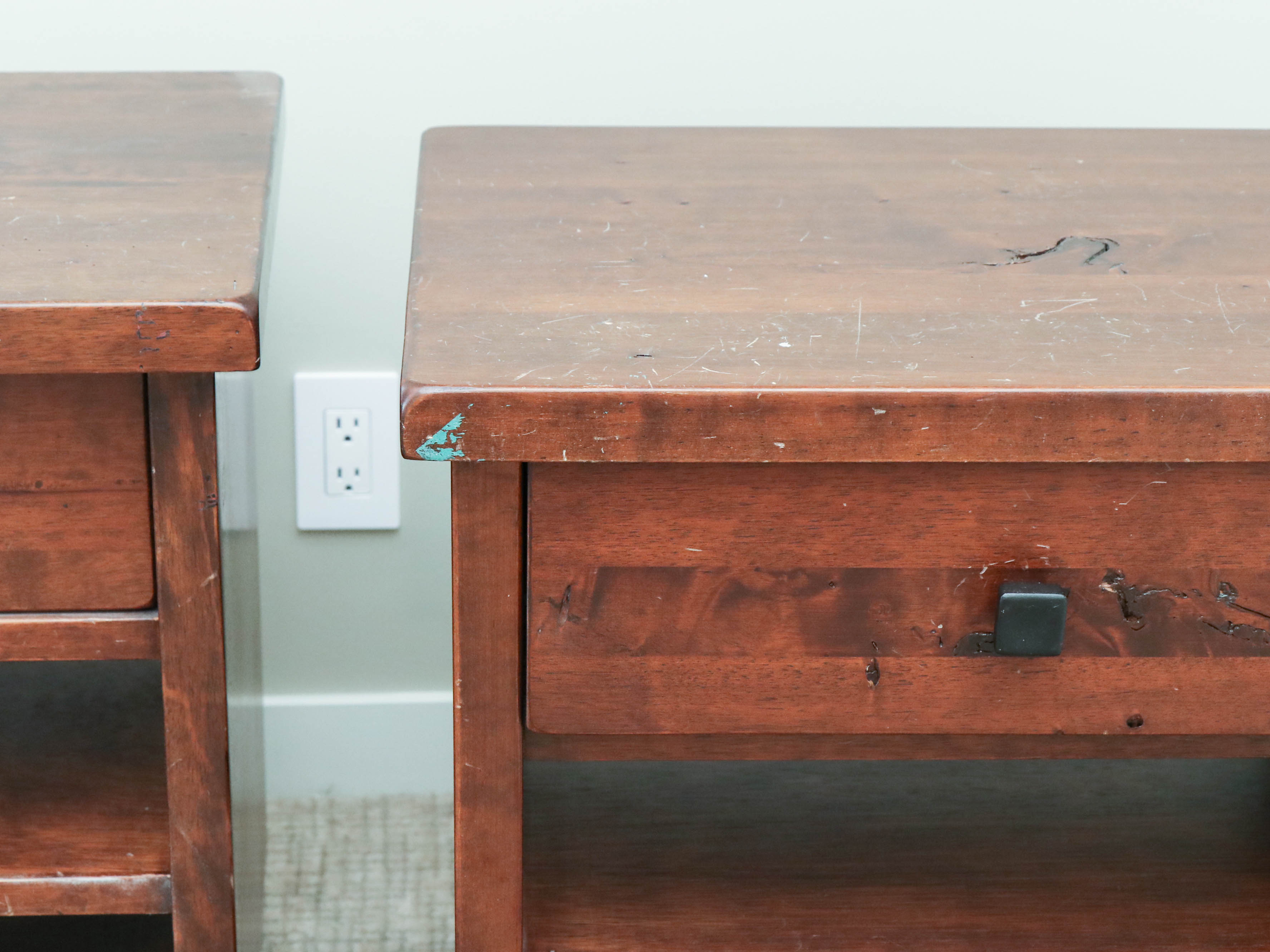 Pair of Pottery Barn "Sumatra" Mahogany-Stained Hardwood Nightstands