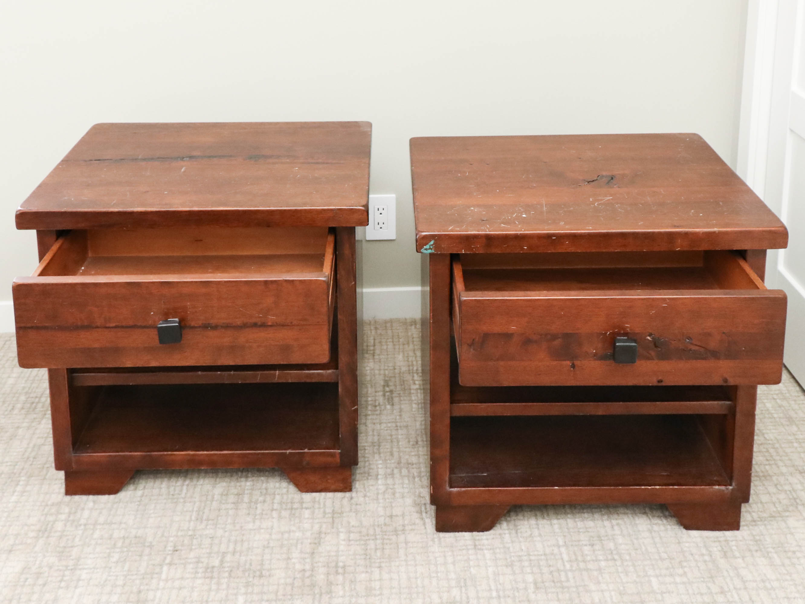 Pair of Pottery Barn "Sumatra" Mahogany-Stained Hardwood Nightstands