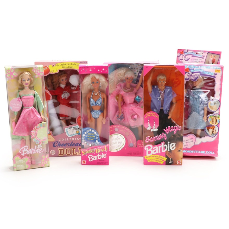 Mattel Barbie Dolls Including "Sparkle Beach" and "Earring Magic Ken", 1990s