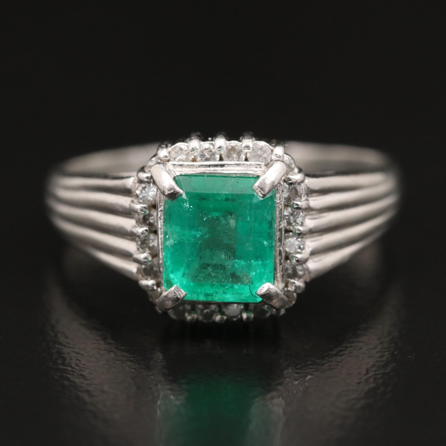 Platinum Emerald  and Diamond Halo Ring
