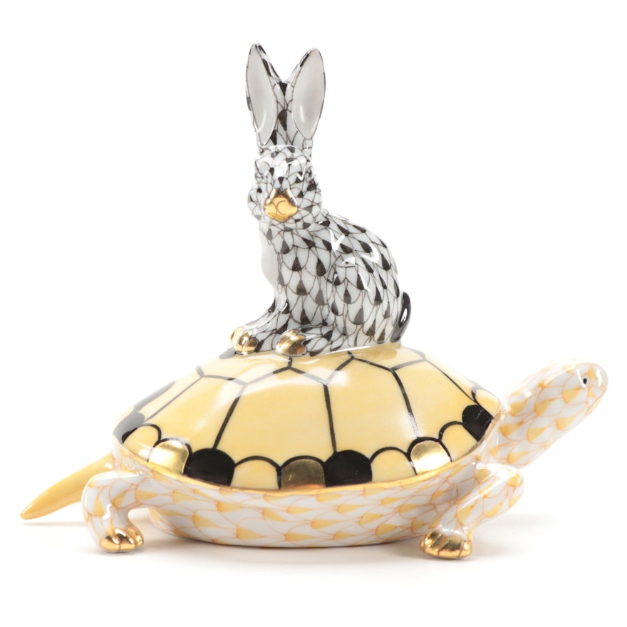 Herend Black and Butterscotch Fishnet "Tortoise & Hare" Porcelain Figurine
