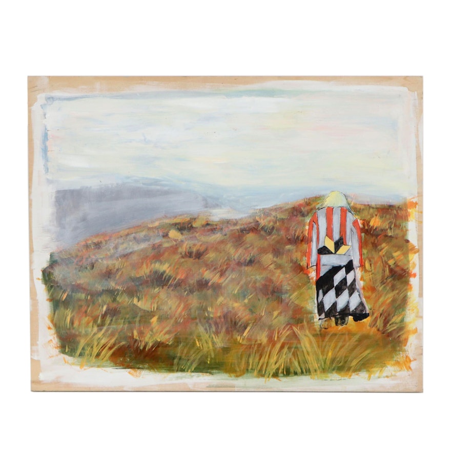 Landscape Acrylic Painting of Figure on Hilltop, 21st Century