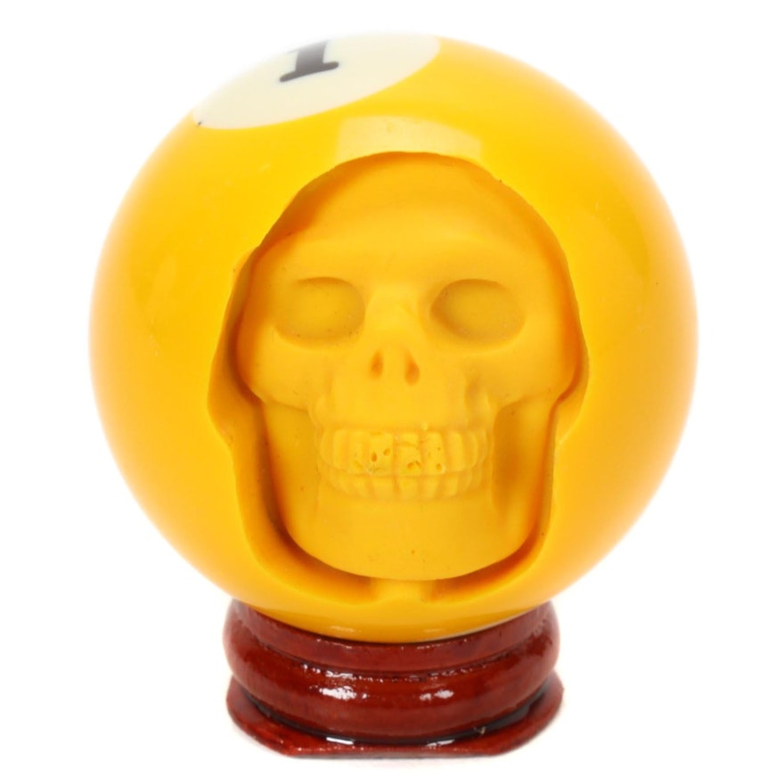 Billiard Yellow 1 Ball Skull Carving on Stand