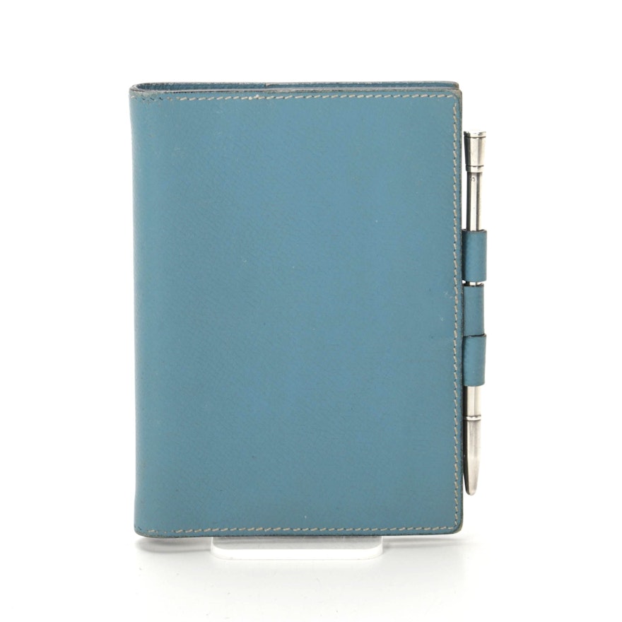 Hermès Globetrotter Mini Agenda Cover in Blue Clemence Leather with Sterling Pen