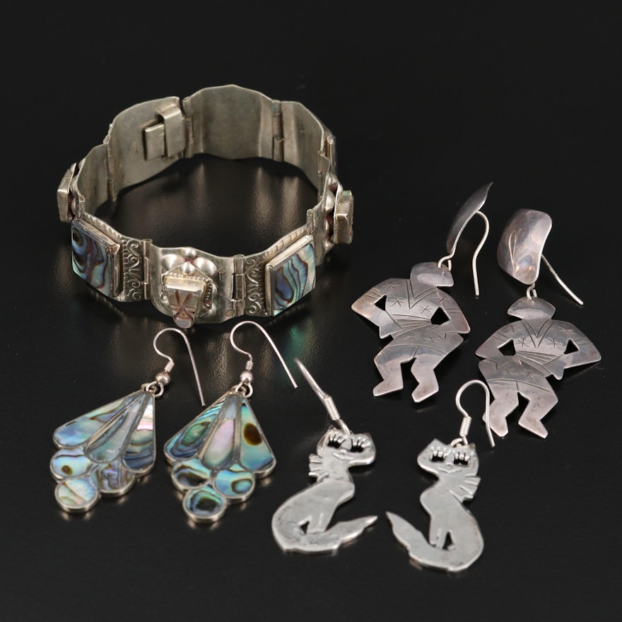 Abalone Inlay, Dancing Figural and Feline Sterling Jewelry
