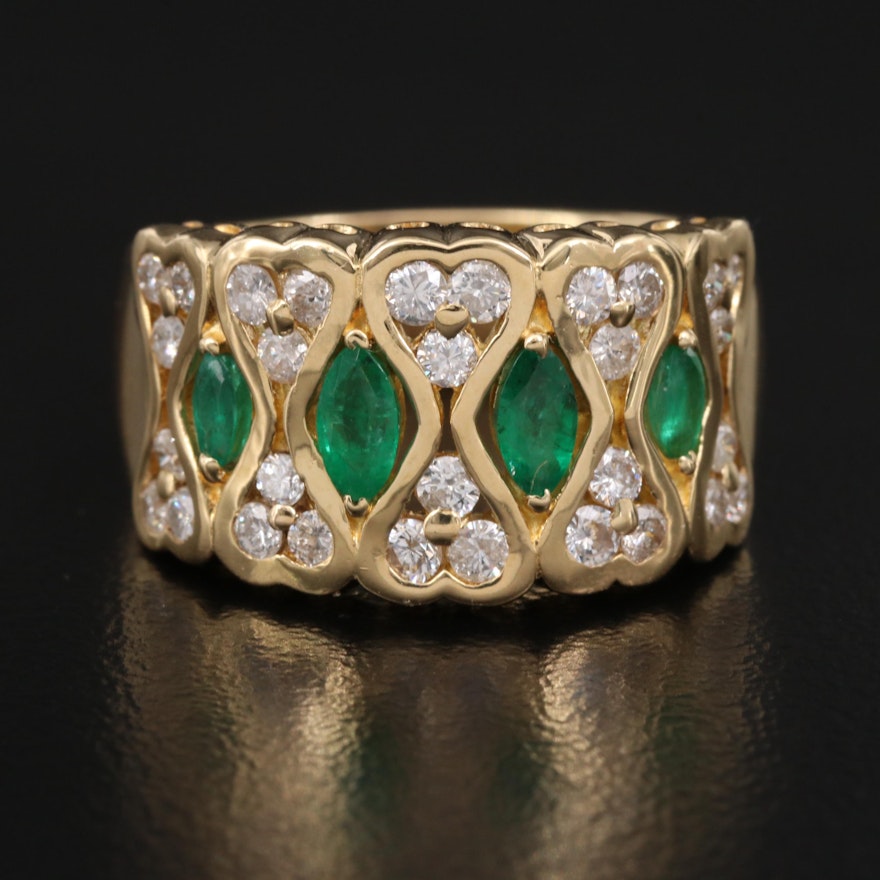 18K Emerald and Diamond Ring Featuring Double Heart Design