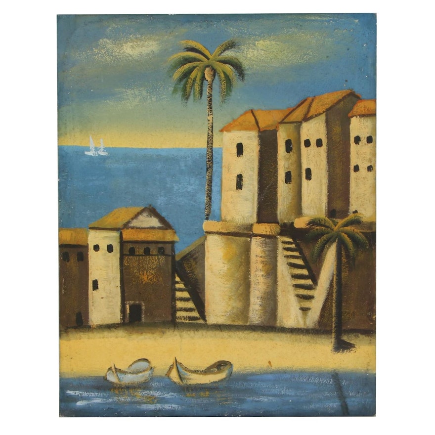 Mediterranean Vista Acrylic Impasto Painting, Late 20th Century