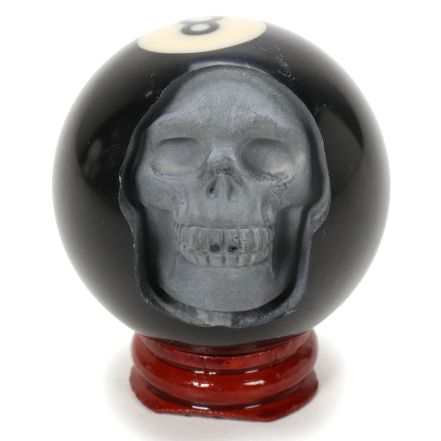 Billiard 8 Ball Skull Carving on Stand