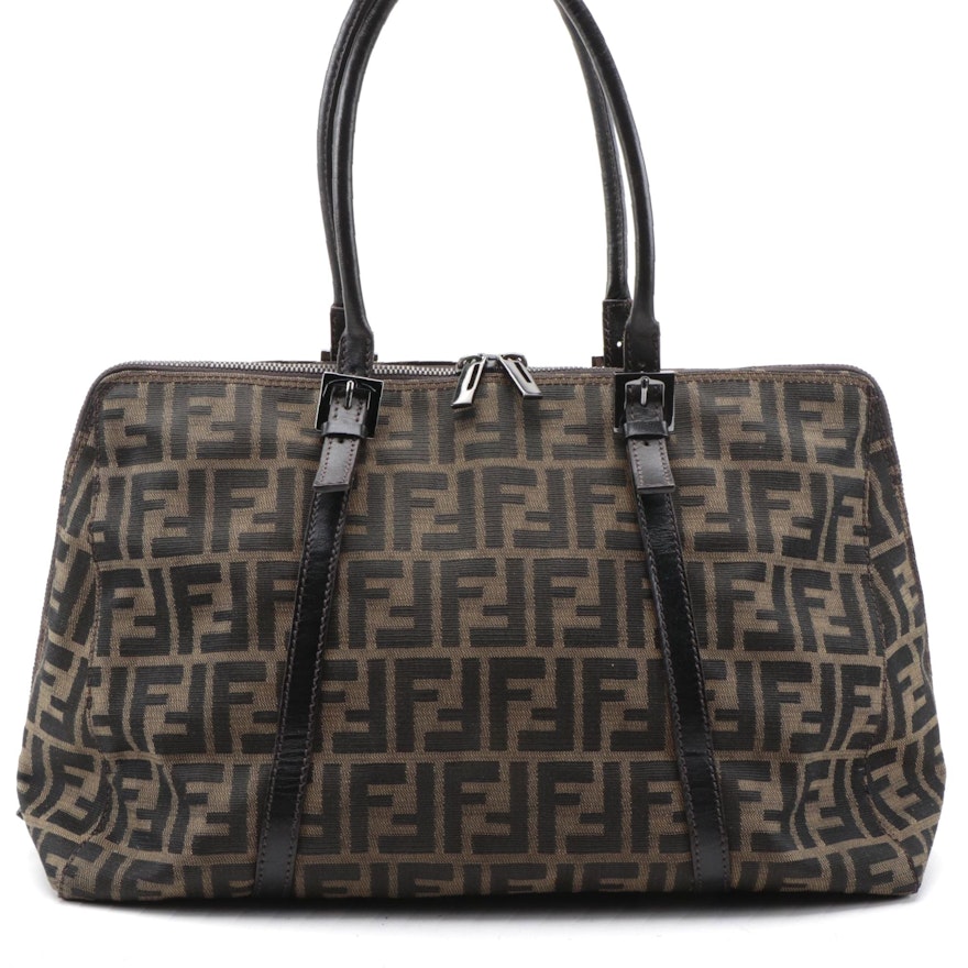 Fendi Large Zip Around Bowler Bag in Zucca Canvas and Brown Leather Trim