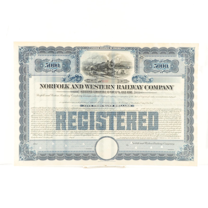 Norfolk and Western Railroad Company "5000 Shares" Stock Certificate, 1919