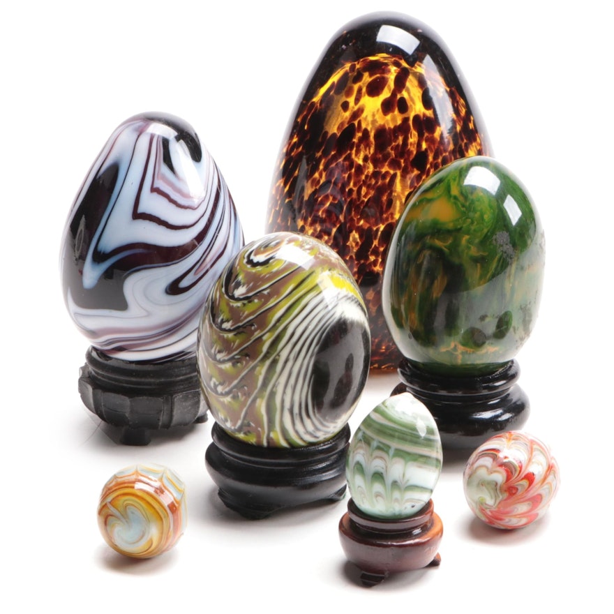Murano Handblown Tortoise Shell Art Glass Egg and Other Egg Figurines