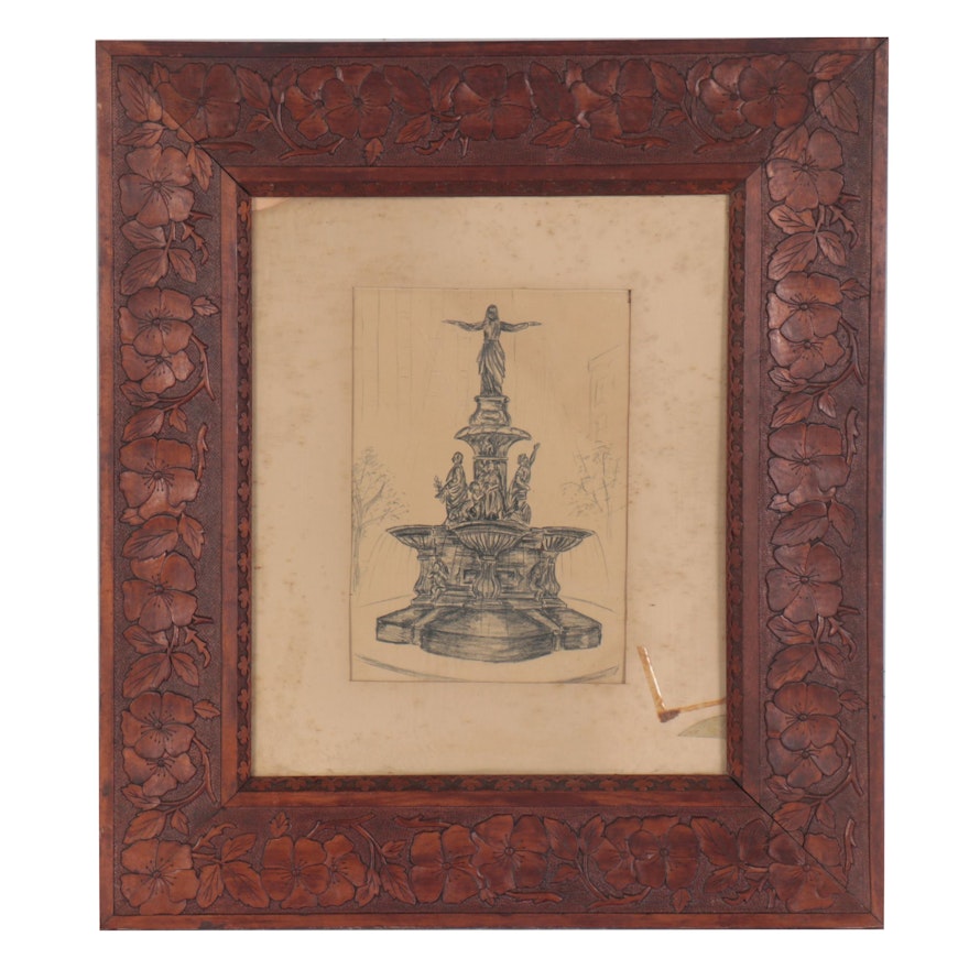 Charcoal Drawing of Fountain in Cincinnati Art-Carved Frame