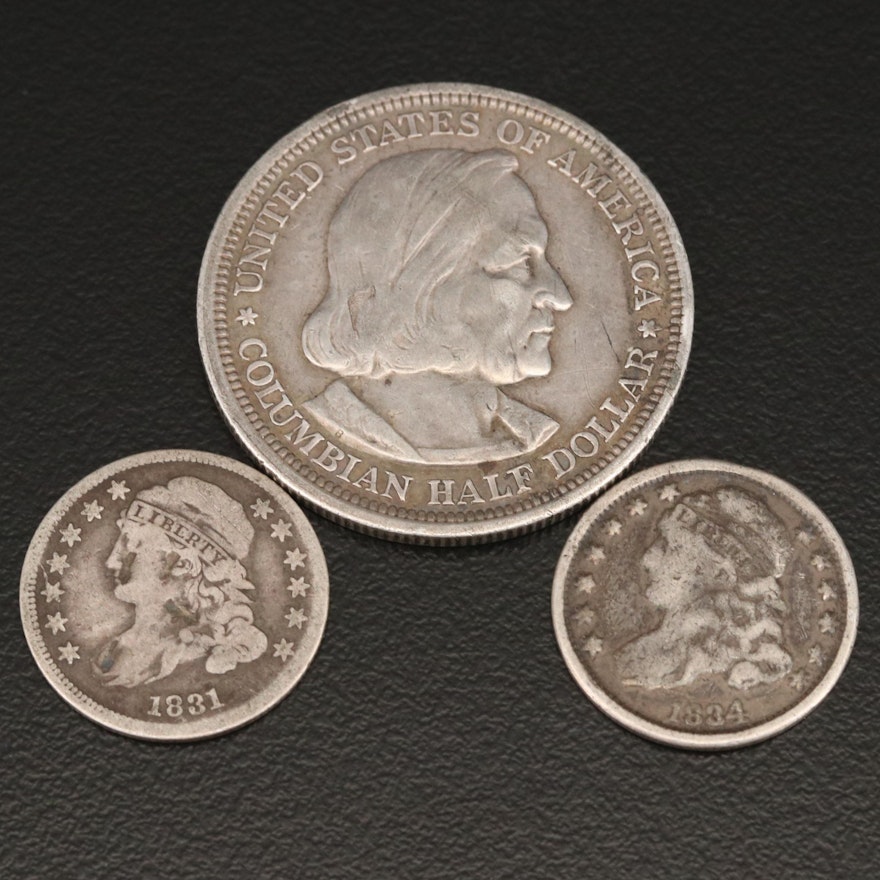 Two Capped Bust Silver Dimes and 1893 Columbian Exposition Silver Half Dollar