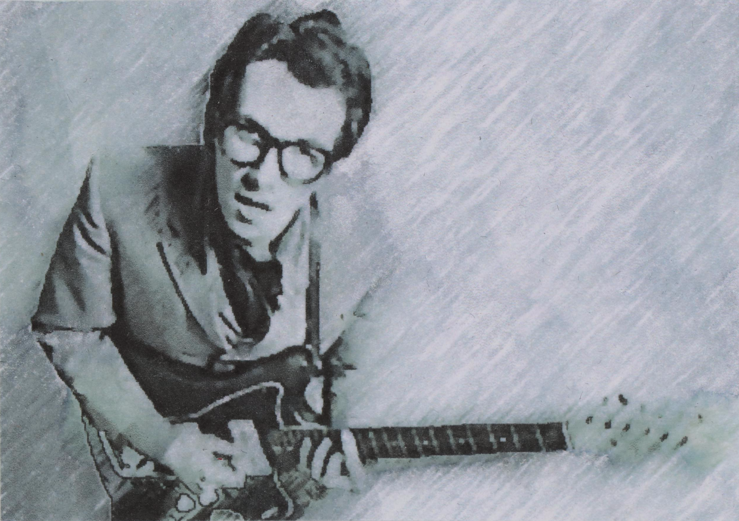 Chuckles Rzeppa Watercolor Painting Over Giclée "Elvis Costello," 2021