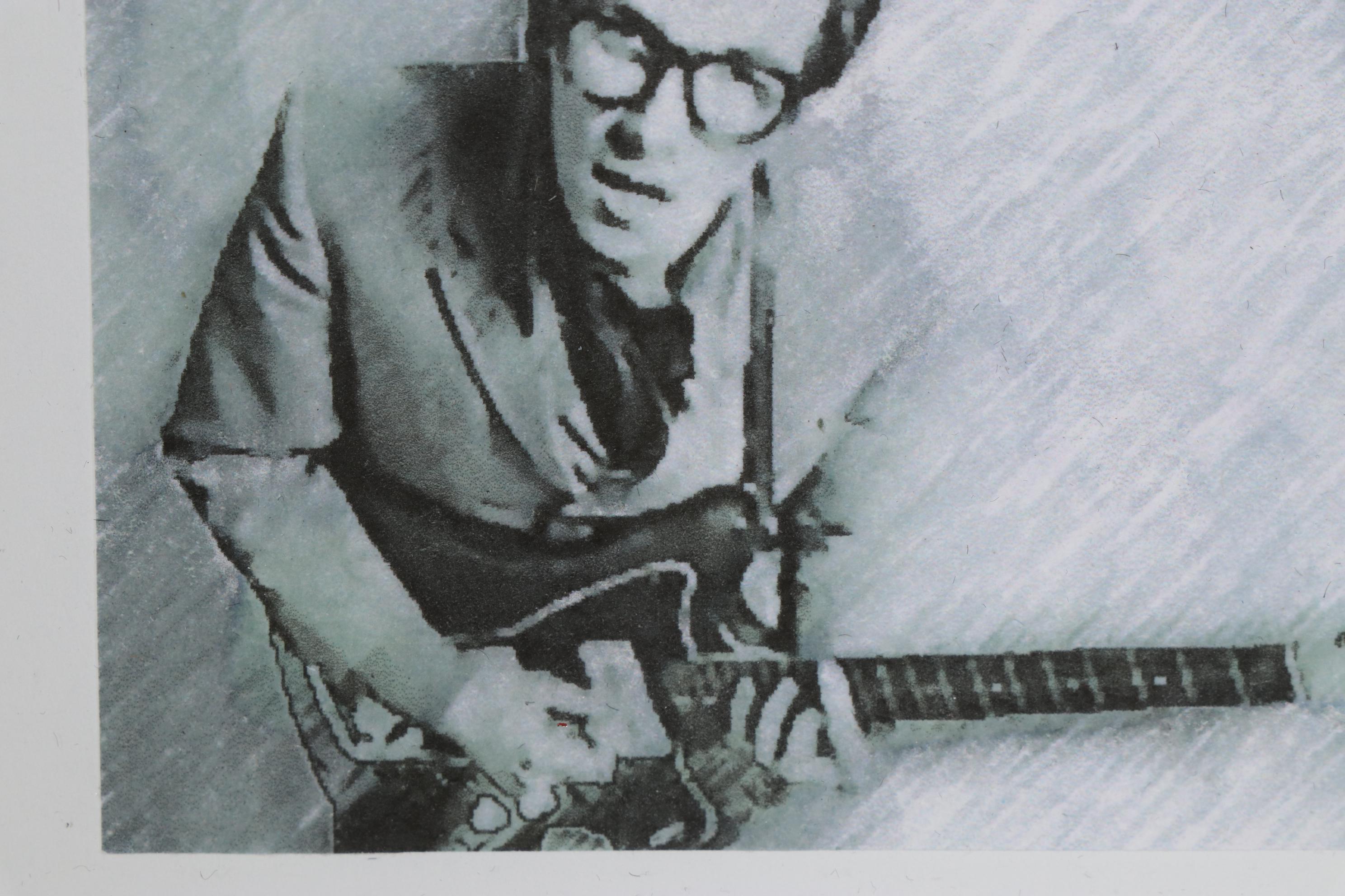 Chuckles Rzeppa Watercolor Painting Over Giclée "Elvis Costello," 2021
