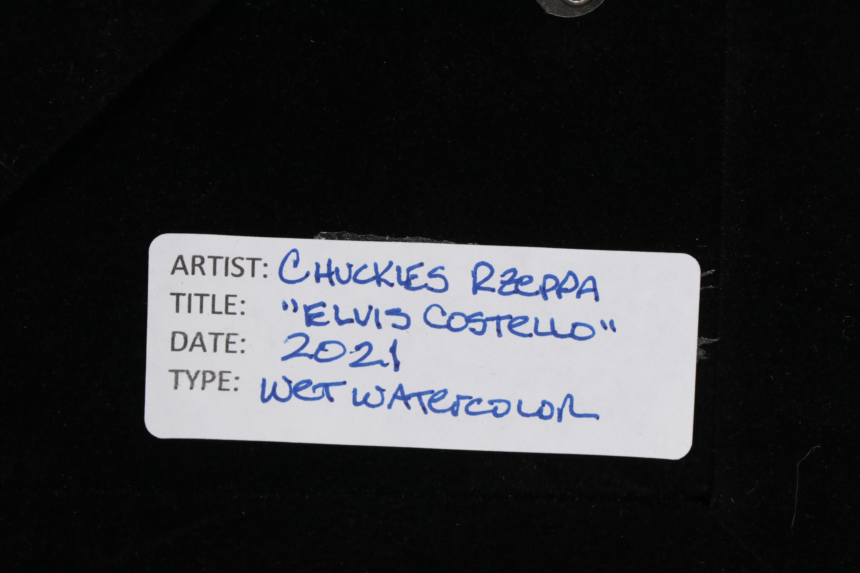 Chuckles Rzeppa Watercolor Painting Over Giclée "Elvis Costello," 2021