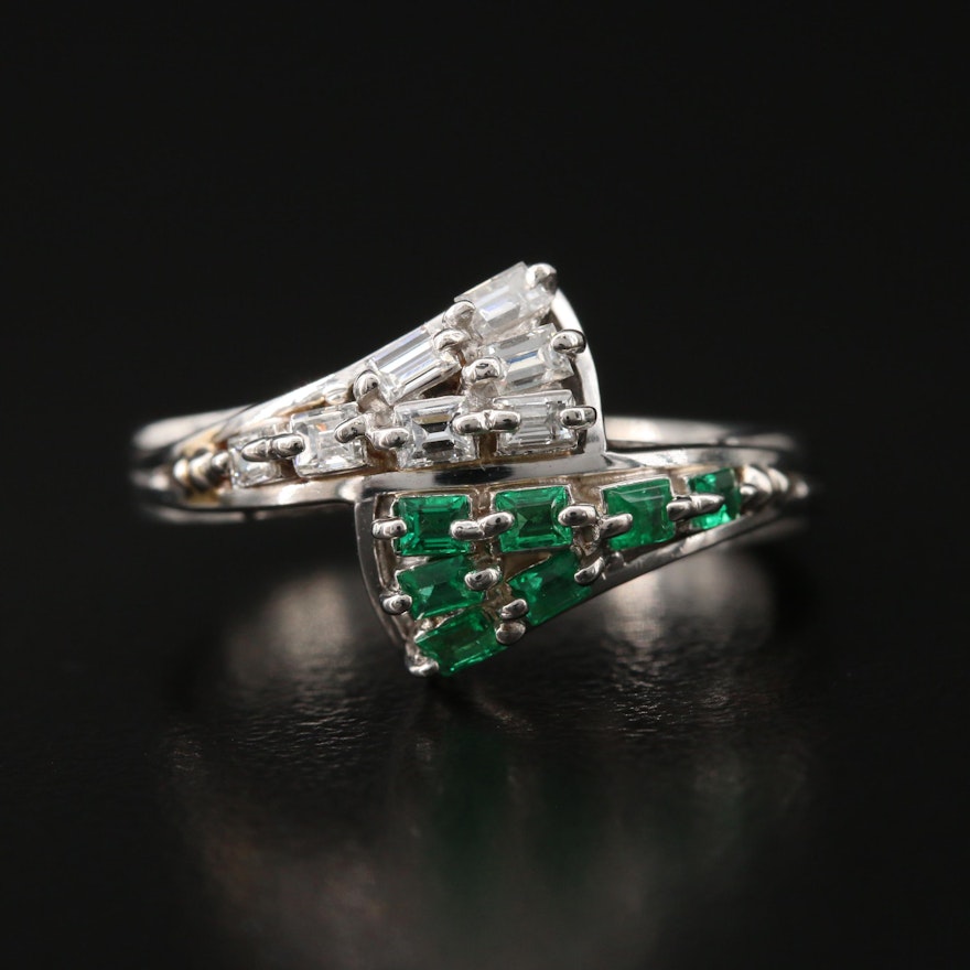 Platinum Diamond and Emerald Bypass Ring