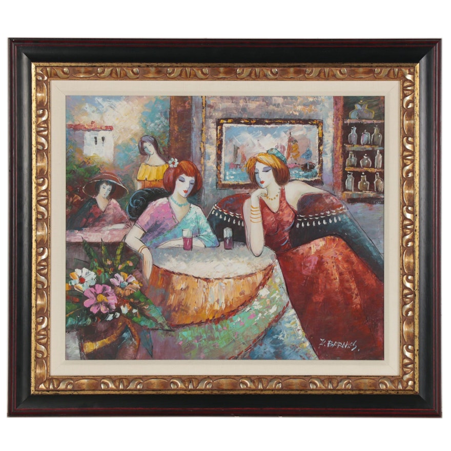 K. Barnes Oil Painting of Women at Cafe, 21st Century