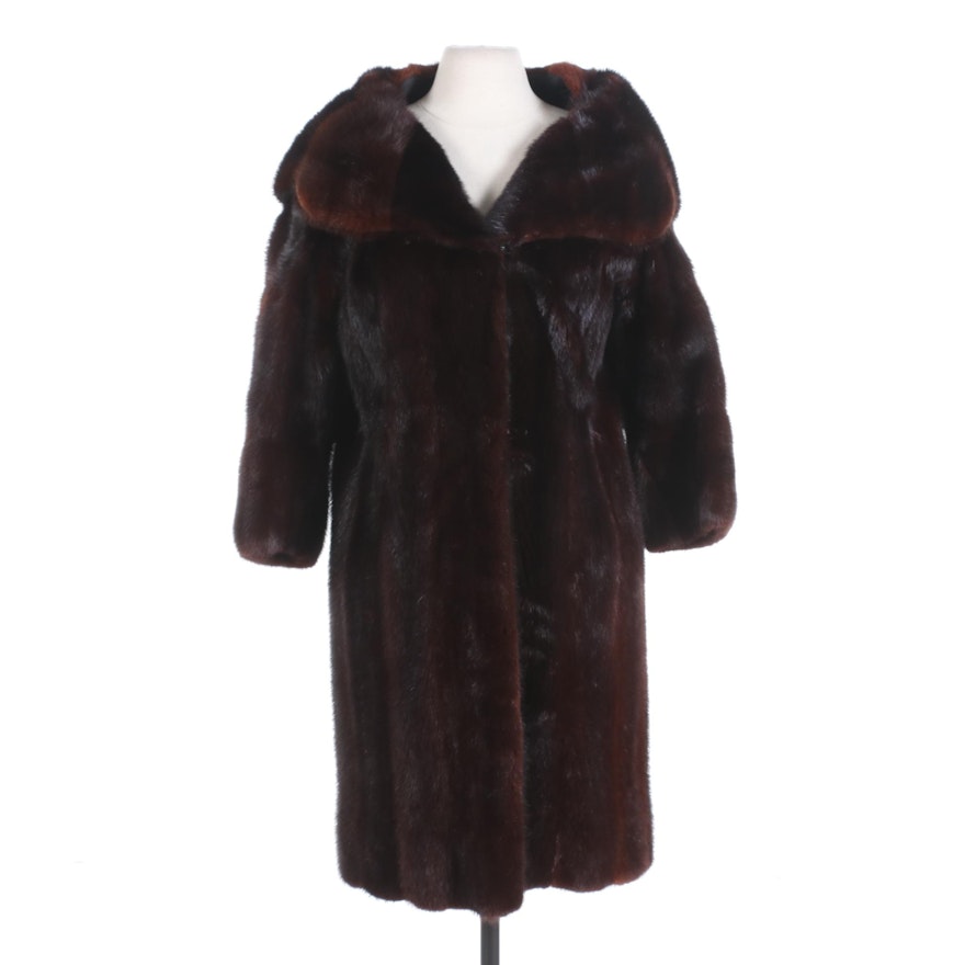 Mahogany Mink Fur Coat with Shawl Collar and Bracelet-Length Sleeves