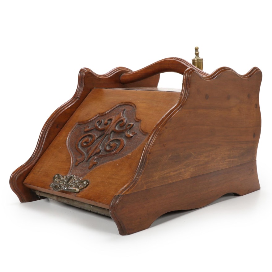 Art Nouveau Carved Walnut Coal Scuttle with Shovel, Late 19th/ Early 20th C.