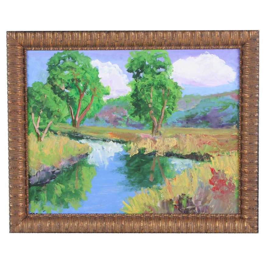 Kenneth R. Burnside Impressionist Style Oil Painting of Rural Pond Landscape