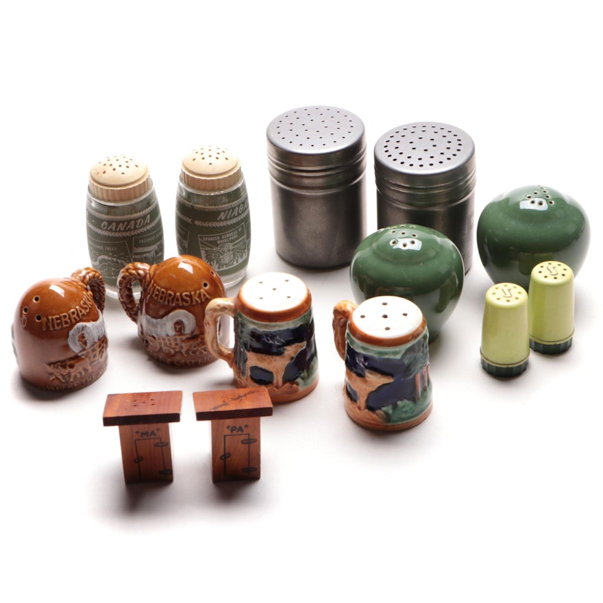 Metal, Ceramic and Wood Salt and Pepper Shakers, Mid to Late 20th C.