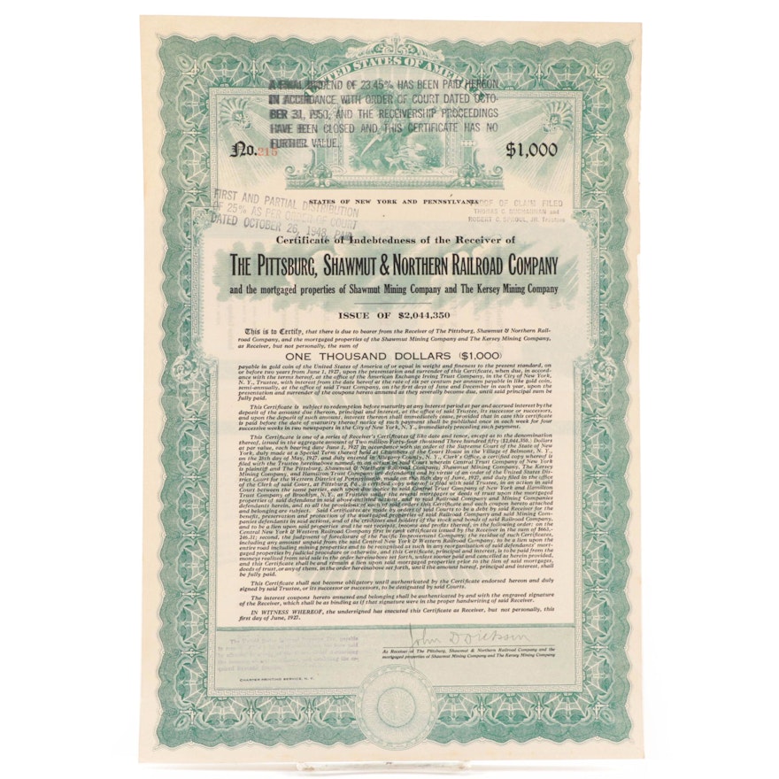 The Pittsburgh, Shawmut & Northern Railroad Co. Stock Certificate, 1948