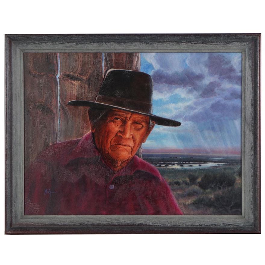 Western Mixed Media Painting "Grandpa and Summer Rains," Late 20th Century