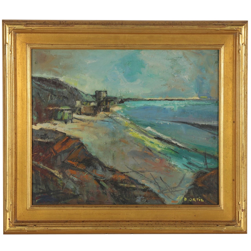 Modernist Style Coastal Landscape Oil Painting, Late 20th Century