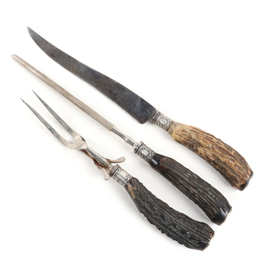 Hessenbruch Company and O Antler Handled Carving Set, Early to Mid 20th Century