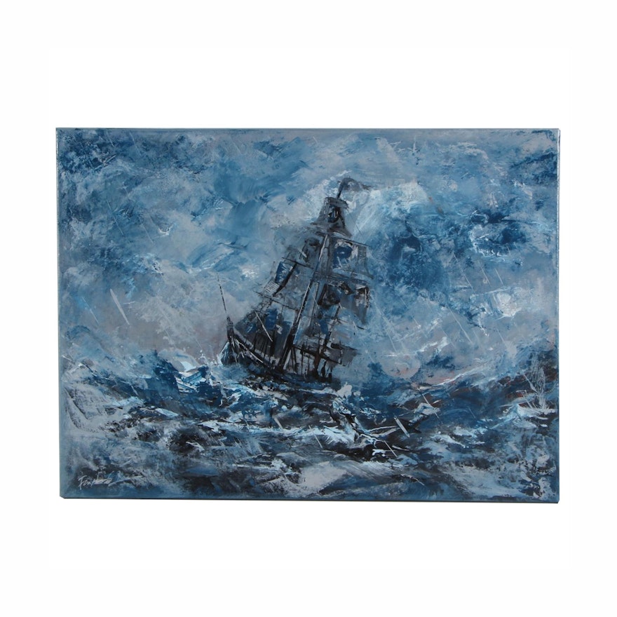 Farshad Lanjani Acrylic Painting "Ship in Storm," 21st Century