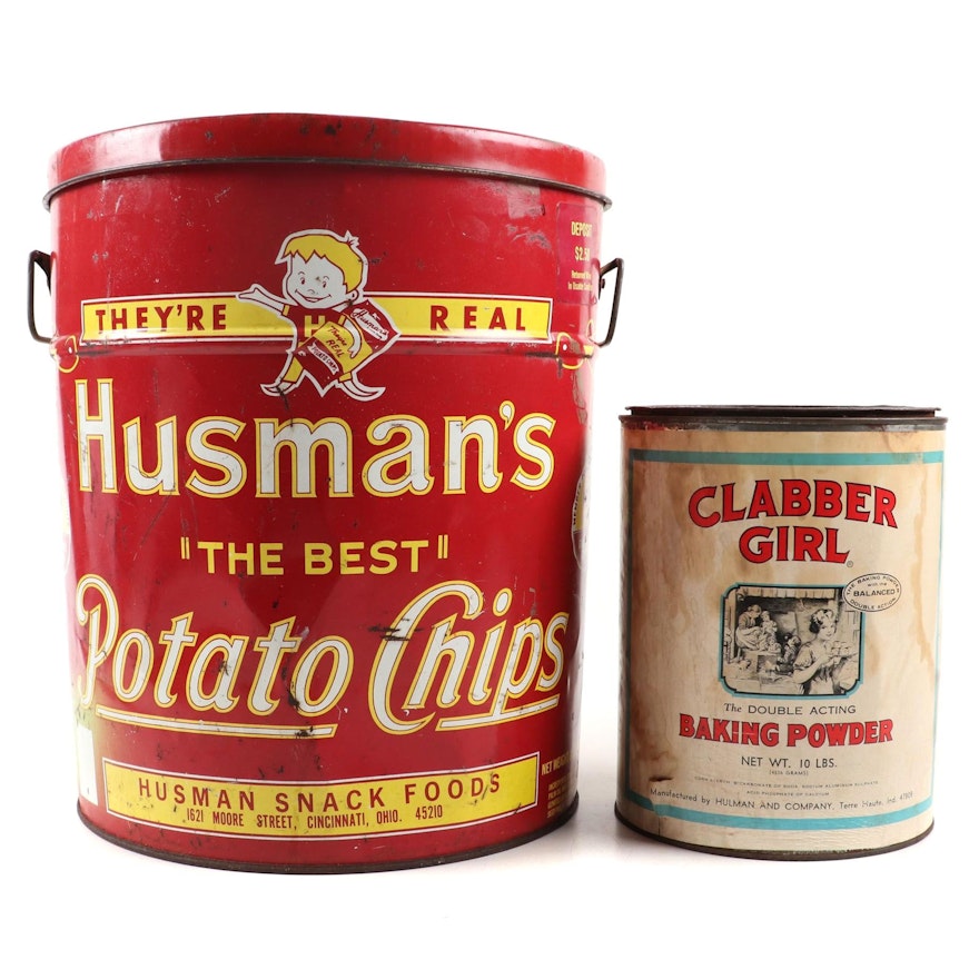Husman's Potato Chip and Clabber Girl Baking Powder Advertisement Tins